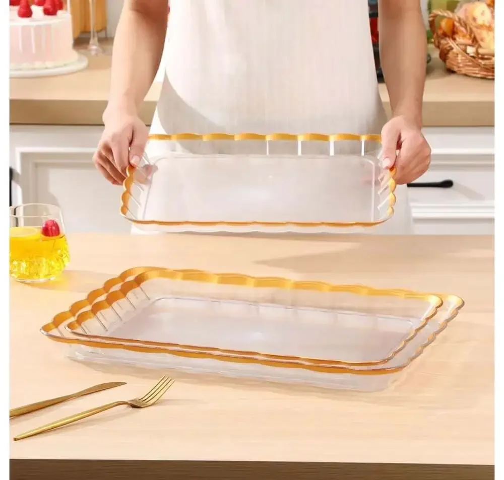 3-Piece Set Gold Wave Edge Rectangular Plastic Serving‎ Trays